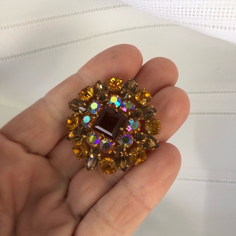 Vtg Amber Rhinestone Brooch - Picture 3 of 10